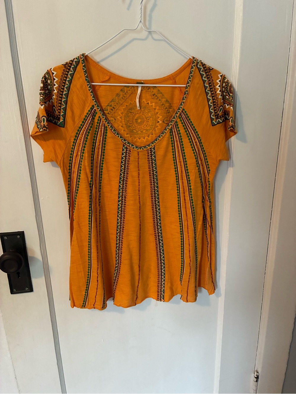 Free People Orange Embroidered Short Sleeve Scoop Tee